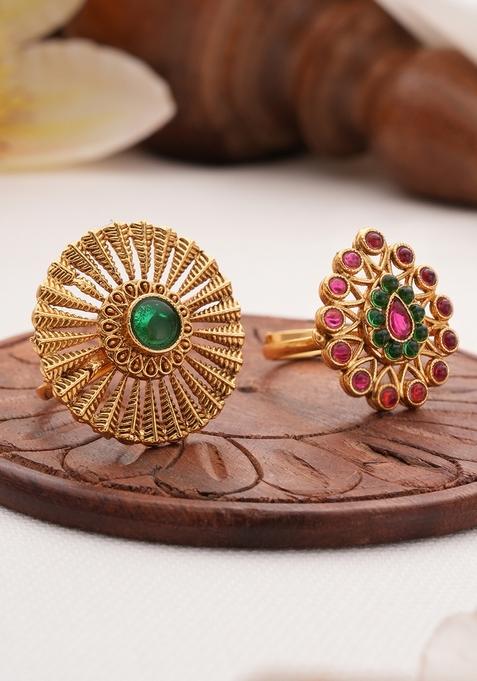 Set Of 2 Gold Plated Artificial Stones Studded Adjustable Finger Rings