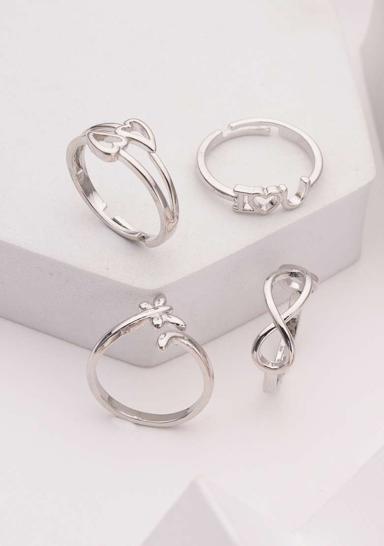 Silver Plated Set Of 4 Stainless Steel Adjustable Finger Rings - Indya