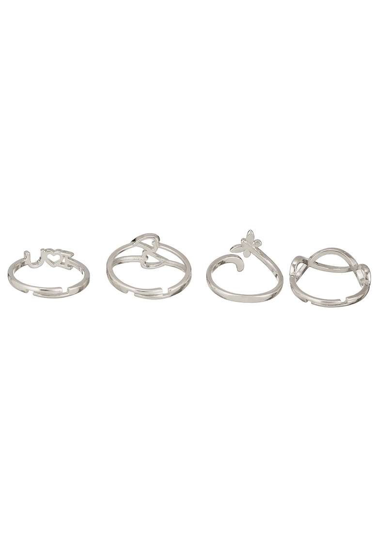 Silver Plated Set Of 4 Stainless Steel Adjustable Finger Rings - Indya