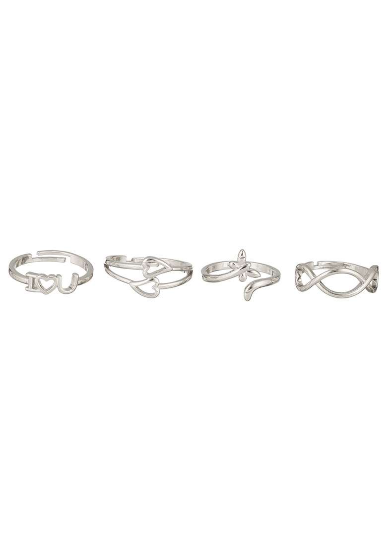 Silver Plated Set Of 4 Stainless Steel Adjustable Finger Rings - Indya