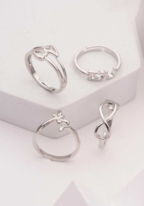 Silver Plated Set Of 4 Stainless Steel Adjustable Finger Rings