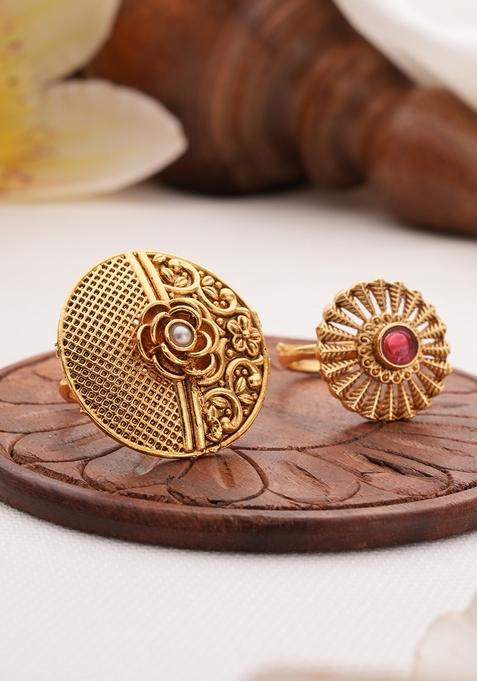Gold Plated Set Of 2 Artificial Stones Studded Finger Rings