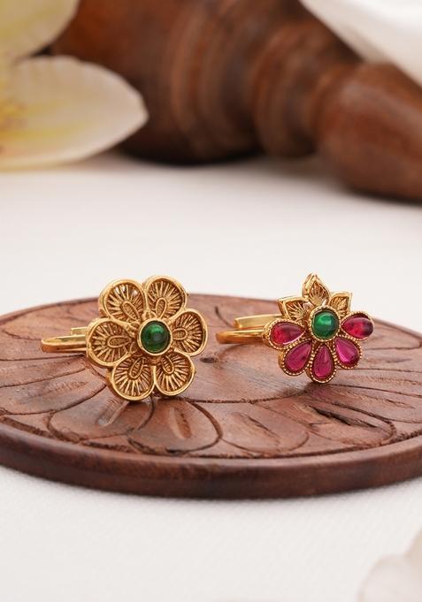 Gold Plated Set Of 2 Artificial Stones Studded Finger Rings