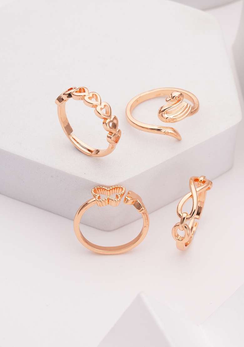 Set Of 4 Stainless Steel Gold Plated Adjustable Finger Rings - Indya