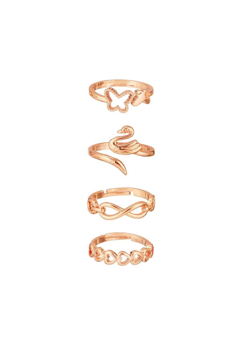 Set Of 4 Stainless Steel Gold Plated Adjustable Finger Rings - Indya