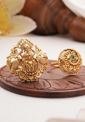 Set Of 2 Gold Plated Artificial Stone Studded Temple Finger Rings