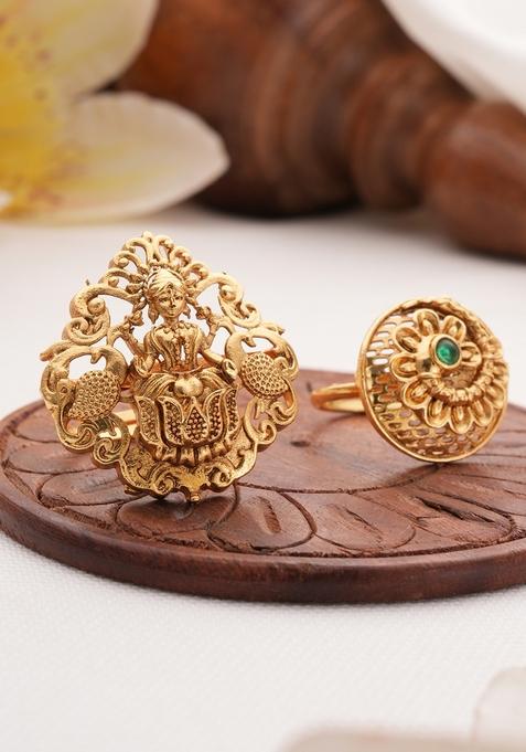 Set Of 2 Gold Plated Artificial Stone Studded Temple Finger Rings