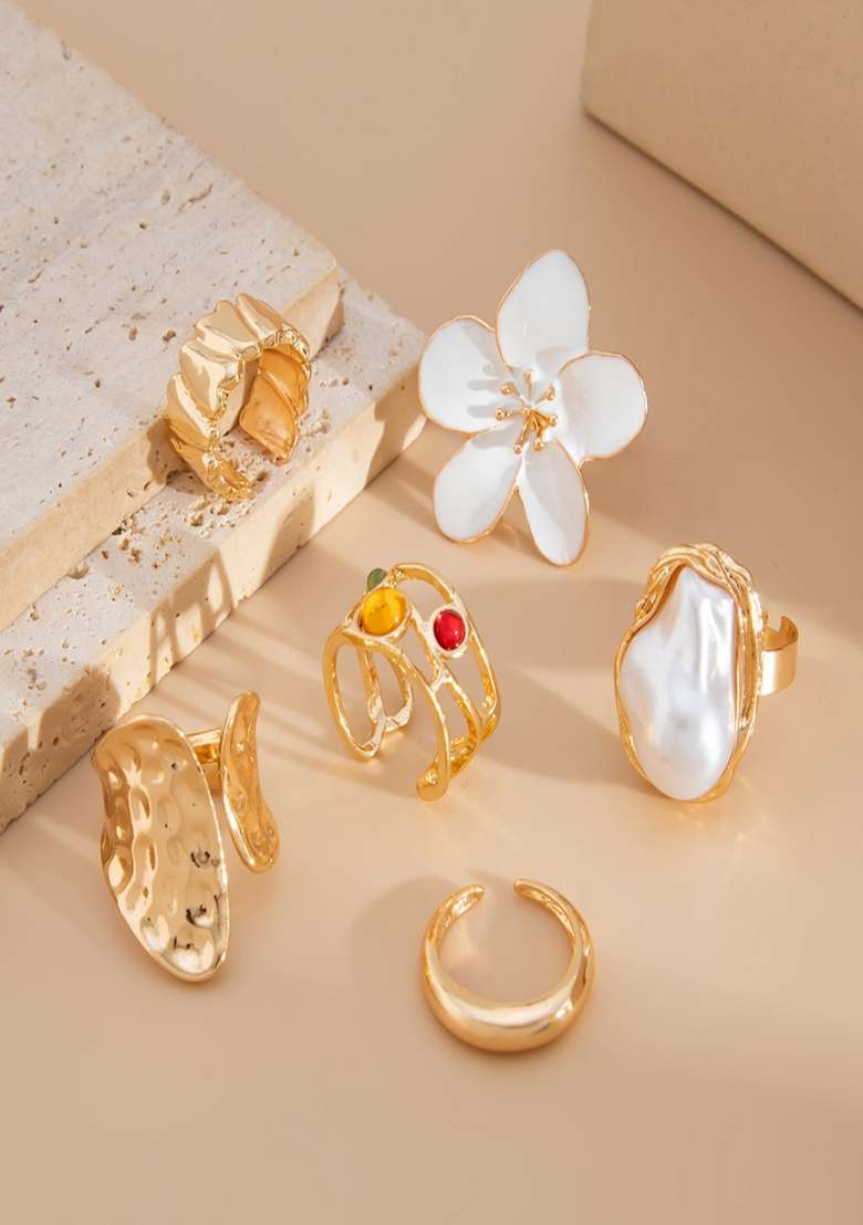 Gold Anti Tarnish Baroque Pearl White Floral Statement Stack Rings (Set Of 6) - Indya