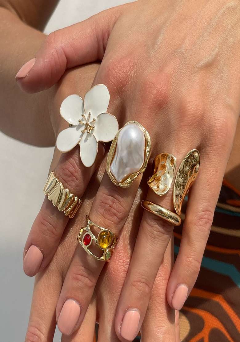 Gold Anti Tarnish Baroque Pearl White Floral Statement Stack Rings (Set Of 6) - Indya