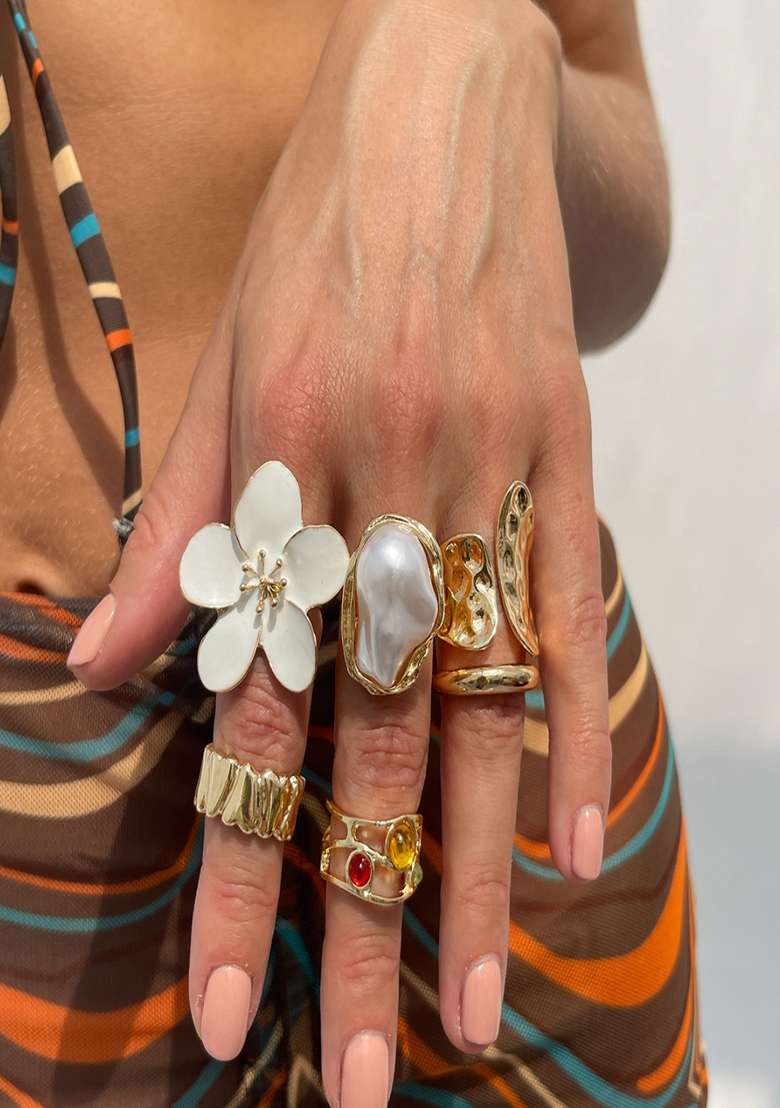 Gold Anti Tarnish Baroque Pearl White Floral Statement Stack Rings (Set Of 6) - Indya