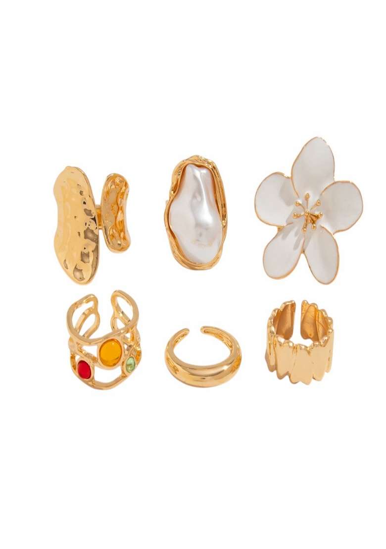 Gold Anti Tarnish Baroque Pearl White Floral Statement Stack Rings (Set Of 6) - Indya