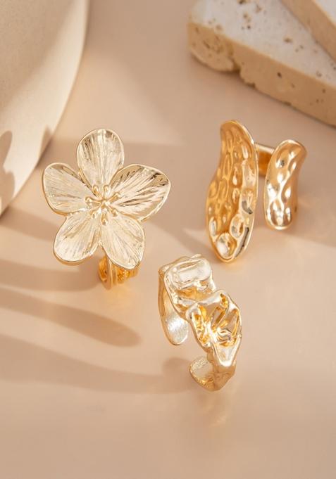 Gold Anti Tranish Boho Textured Floral And Abstract Statement Stack Ring(Set Of 3)