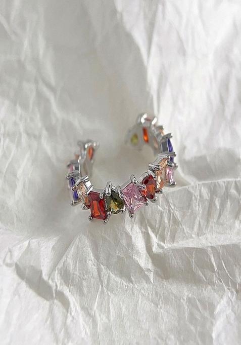 Silver Plated Geometric Shaped Multicolor Zircon Adjustable Ring
