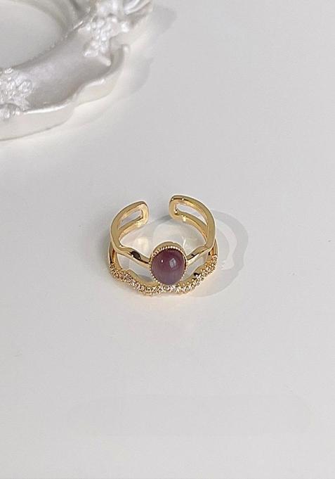 14K Gold Plated Anti Tarnish Dual Layer Purple And White Stone Adjustable Ring