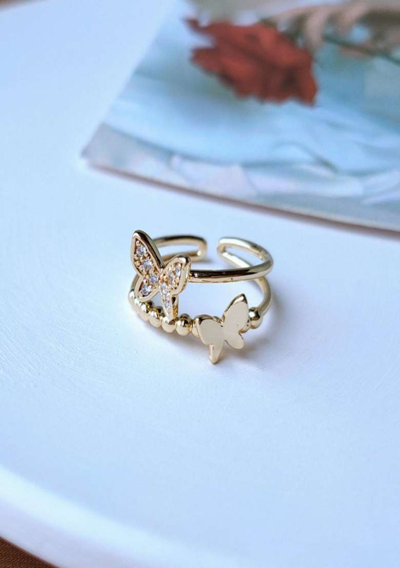 14K Gold Plated Anti Tarnish Dual Layer Butterfly Adjustable Ring - Indya