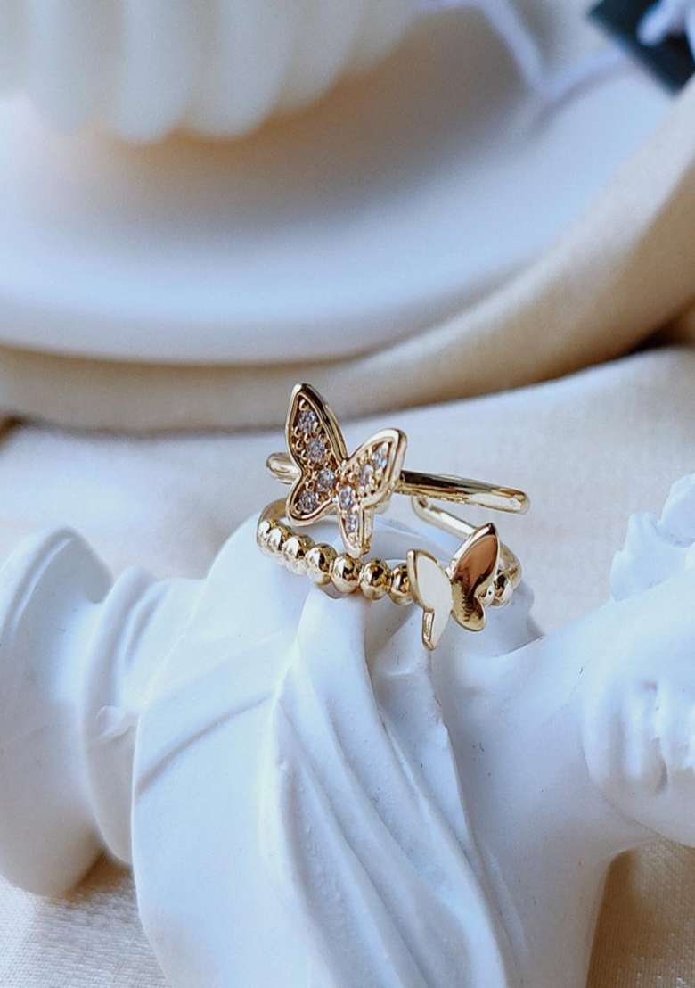 14K Gold Plated Anti Tarnish Dual Layer Butterfly Adjustable Ring - Indya