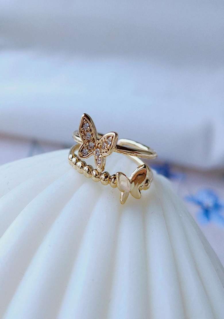14K Gold Plated Anti Tarnish Dual Layer Butterfly Adjustable Ring - Indya