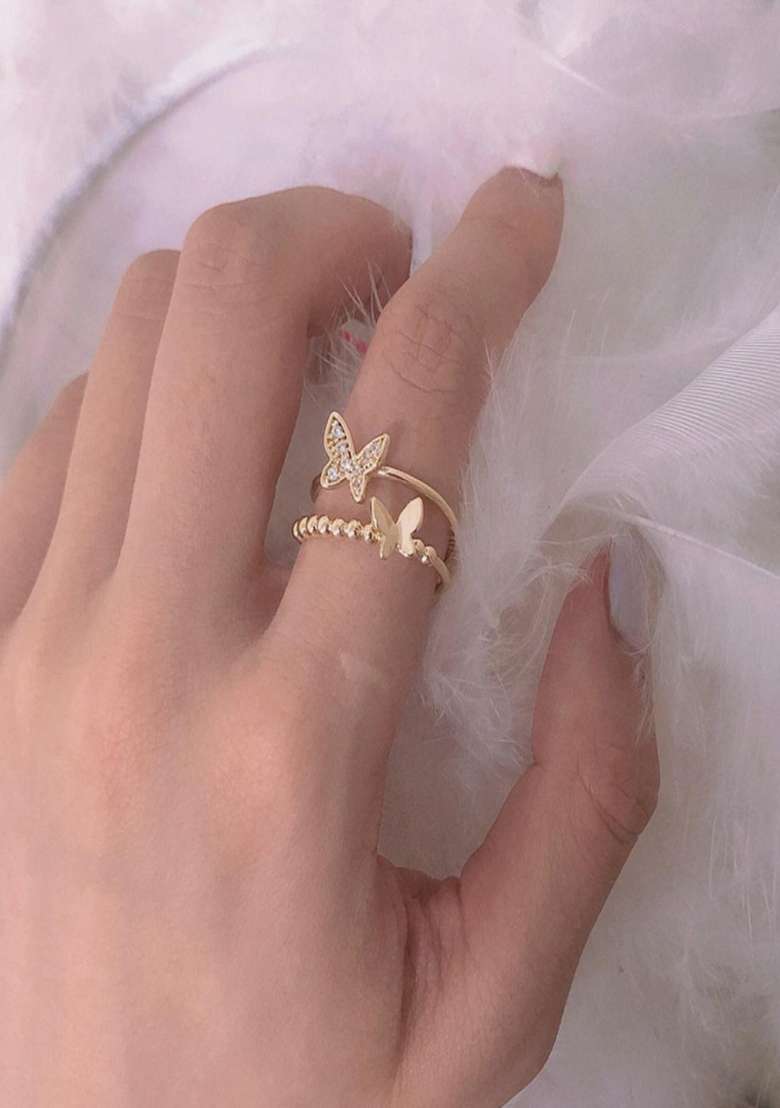 14K Gold Plated Anti Tarnish Dual Layer Butterfly Adjustable Ring - Indya