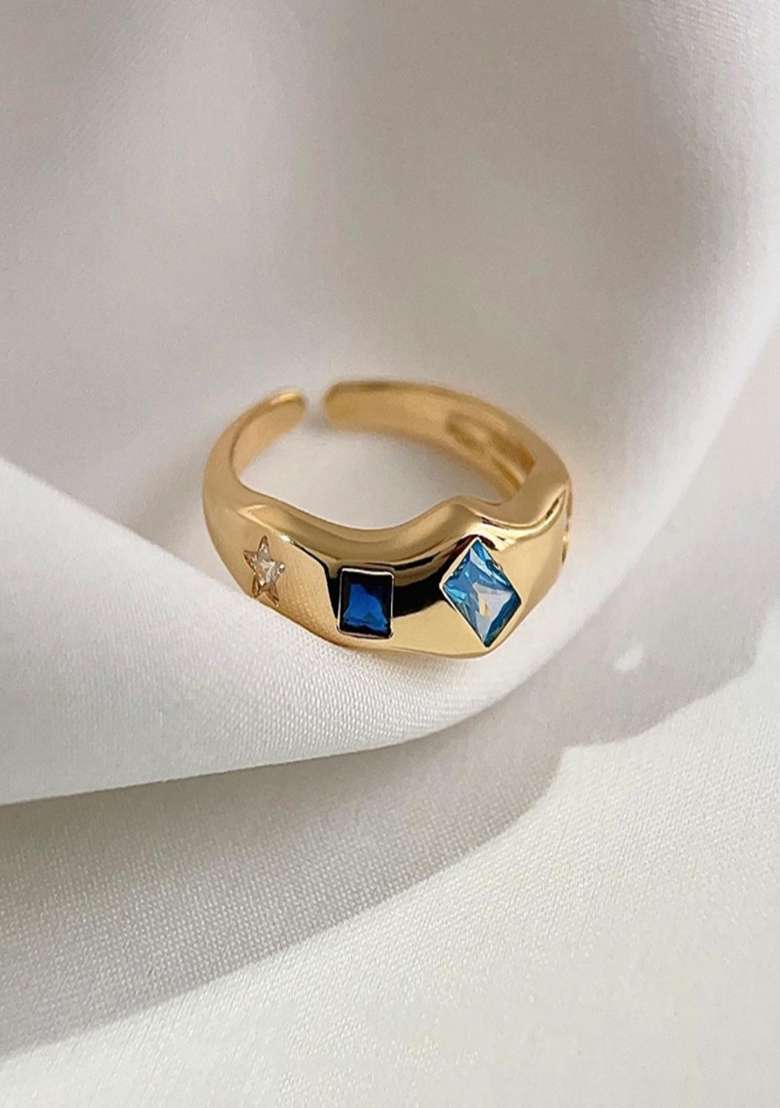 18K Gold Plated Waterproof Antitarnish Multi Shaped Blue Zircon Ring - Indya