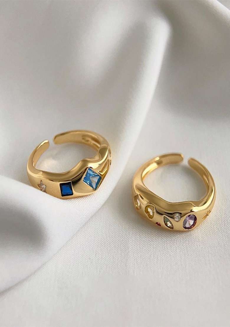 18K Gold Plated Waterproof Antitarnish Multi Shaped Blue Zircon Ring - Indya