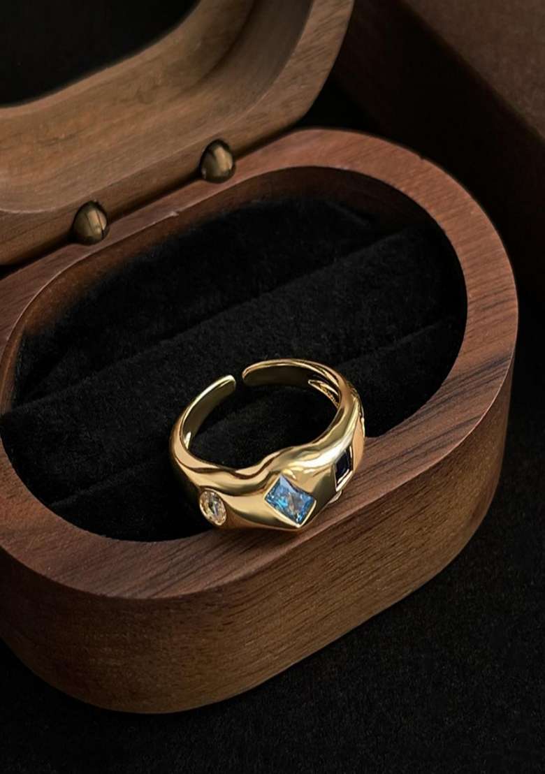 18K Gold Plated Waterproof Antitarnish Multi Shaped Blue Zircon Ring - Indya