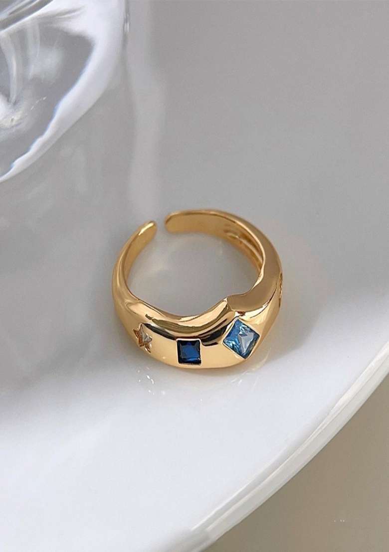 18K Gold Plated Waterproof Antitarnish Multi Shaped Blue Zircon Ring - Indya