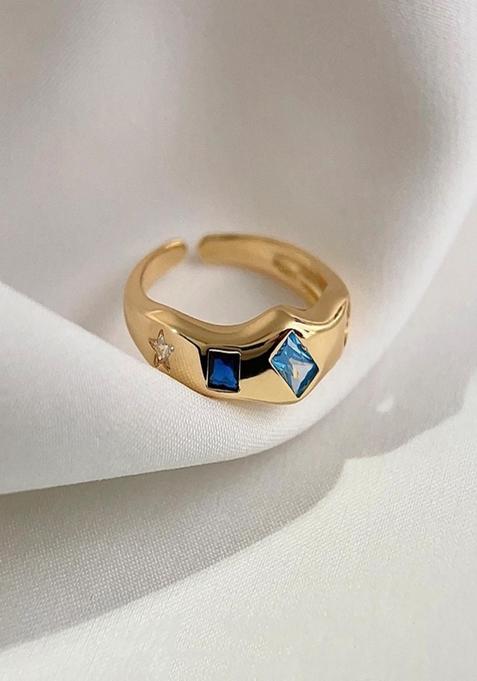 18K Gold Plated Waterproof Antitarnish Multi Shaped Blue Zircon Ring