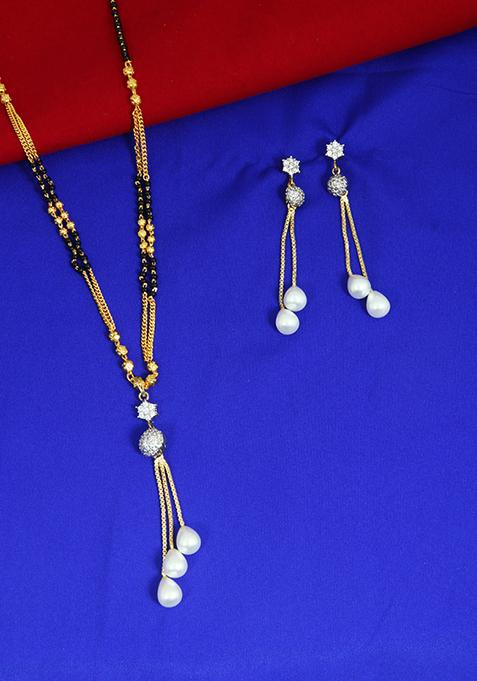 Gold Plated American Diamond Pearl Embedded Mangalsutra With Earrings