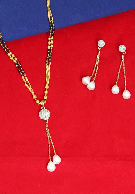 Gold Plated American Diamond Pearl Embedded Mangalsutra With Earrings