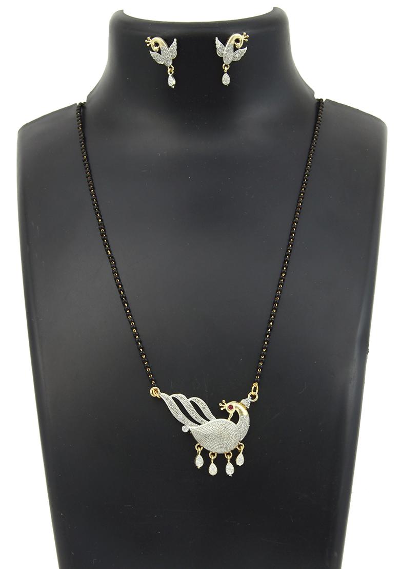 Gold Plated American Diamond Studded Pearl Embedded Mangalsutra With Earrings