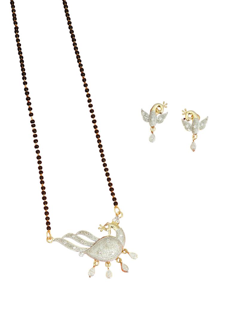 Gold Plated American Diamond Studded Pearl Embedded Mangalsutra With Earrings