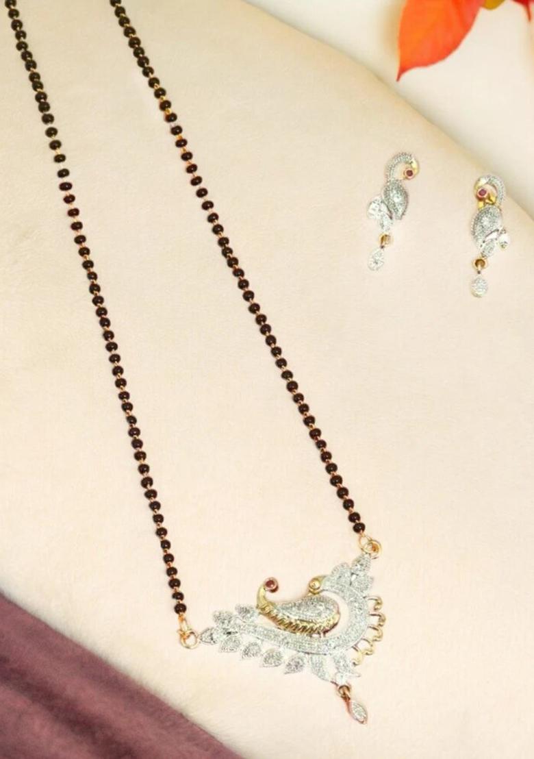 Gold Plated American Diamond Studded Pearl Embedded Mangalsutra With Earrings