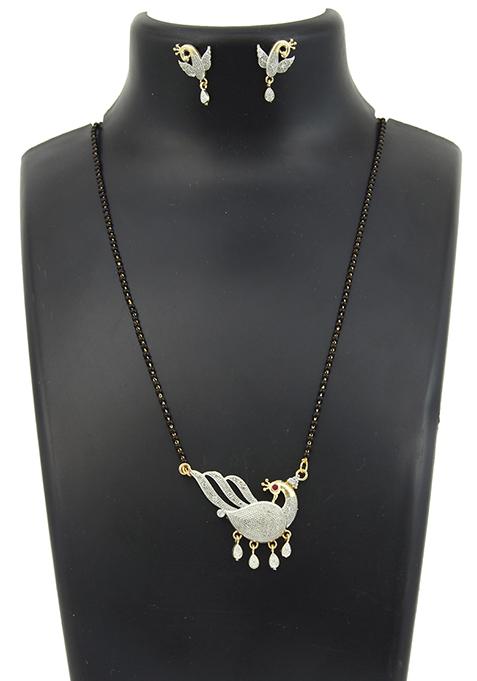 Gold Plated American Diamond Studded Pearl Embedded Mangalsutra With Earrings