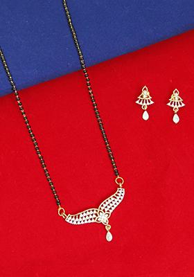 Gold Plated Floral Pendant Bead Chain Mangalsutra With Earrings