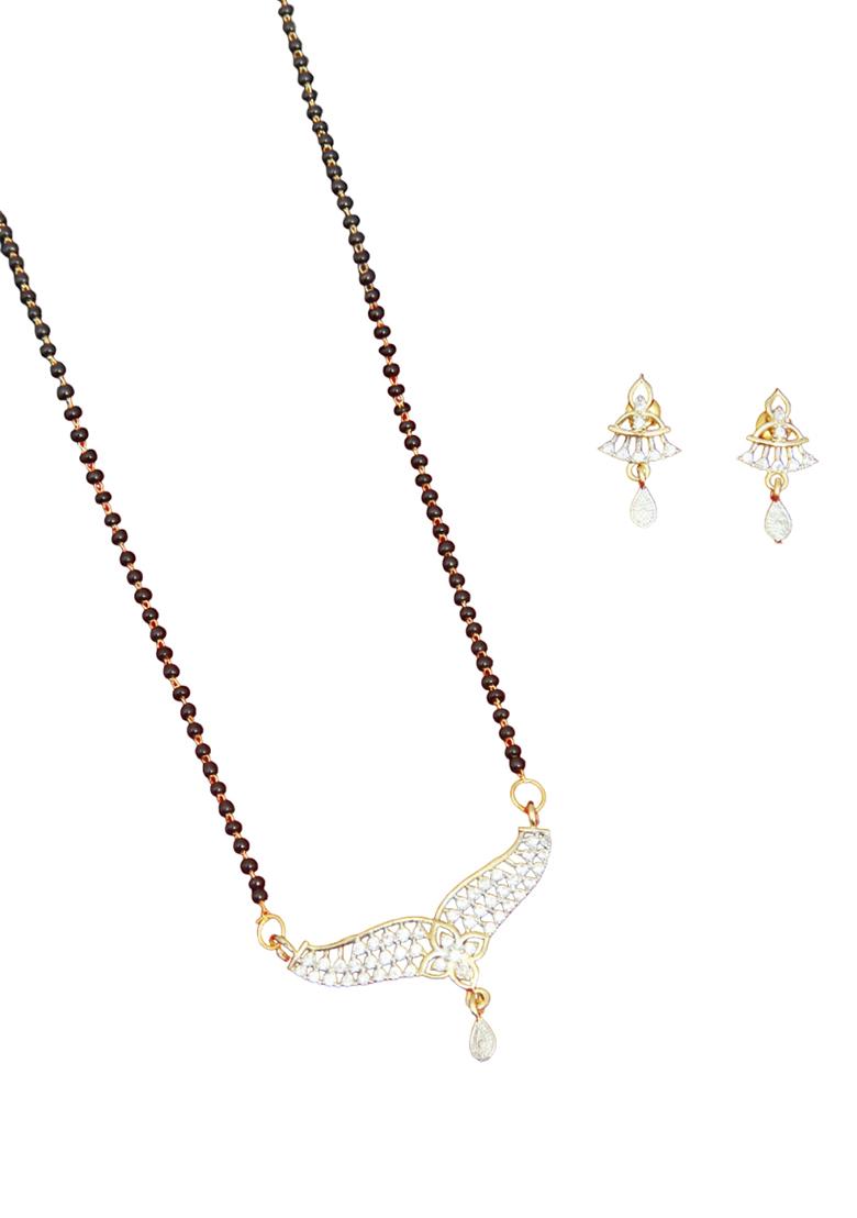 Gold Plated Floral Pendant Bead Chain Mangalsutra With Earrings