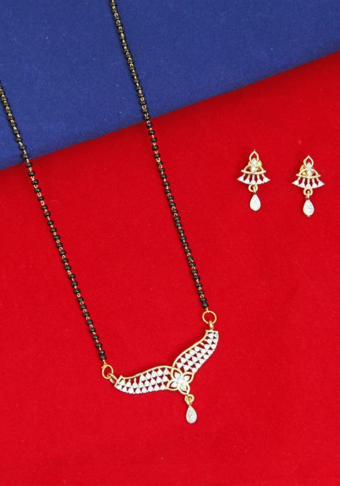 Gold Plated Floral Pendant Bead Chain Mangalsutra With Earrings