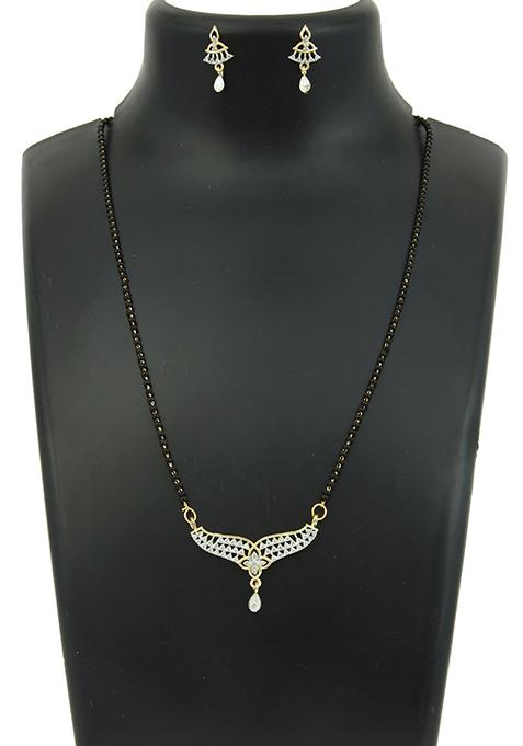 Gold Plated Floral Pendant Bead Chain Mangalsutra With Earrings