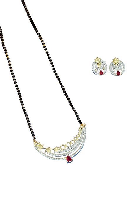 Gold Plated Sterling Star Studded Stone Chain Mangalsutra With Earrings