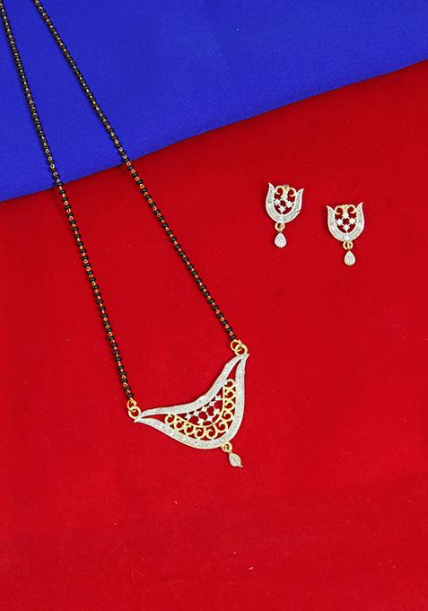 Gold Plated American Diamond Studded Bead Chain Mangalsutra With Earrings