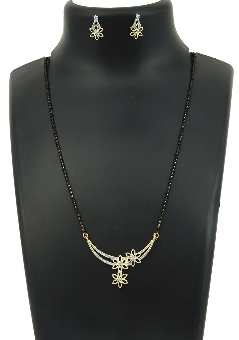 Gold Plated Studded Floral Bead Chain Mangalsutra With Earrings