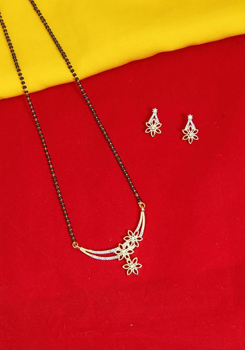 Gold Plated Studded Floral Bead Chain Mangalsutra With Earrings