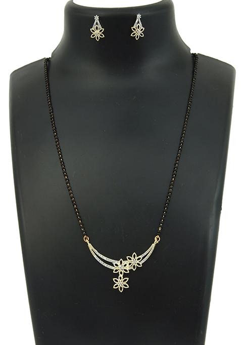 Gold Plated Studded Floral Bead Chain Mangalsutra With Earrings
