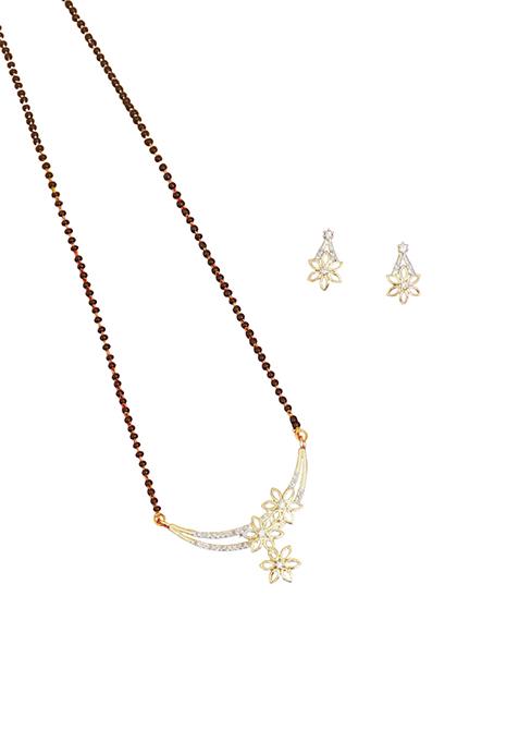 Gold Plated Studded Floral Bead Chain Mangalsutra With Earrings