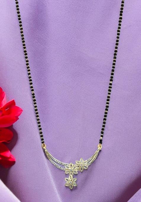 Gold Plated Studded Floral Bead Chain Mangalsutra With Earrings