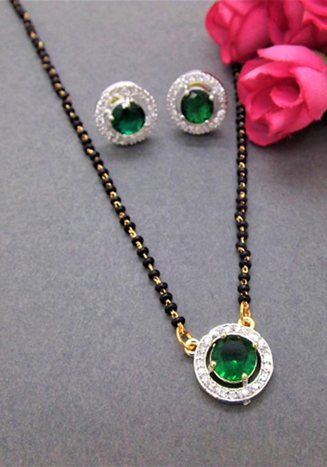 Gold Plated Black Bead Mangalsutra With Earrings