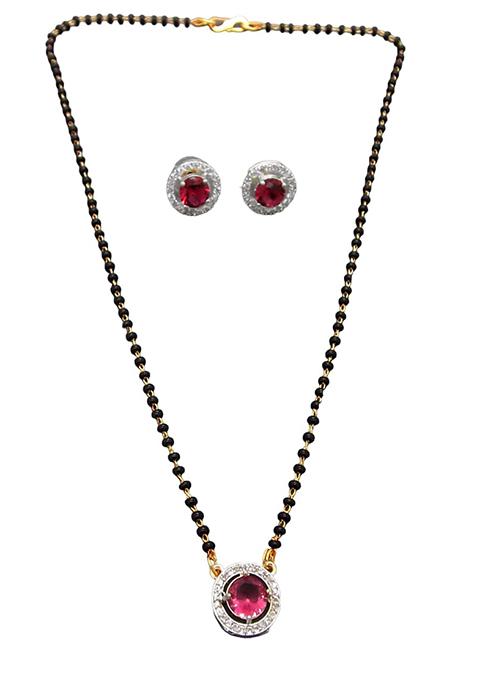 Gold Plated Black Bead Mangalsutra With Earrings