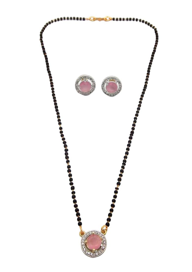 Gold Plated Black Bead Mangalsutra With Earrings