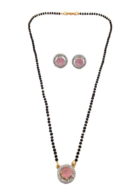 Gold Plated Black Bead Mangalsutra With Earrings