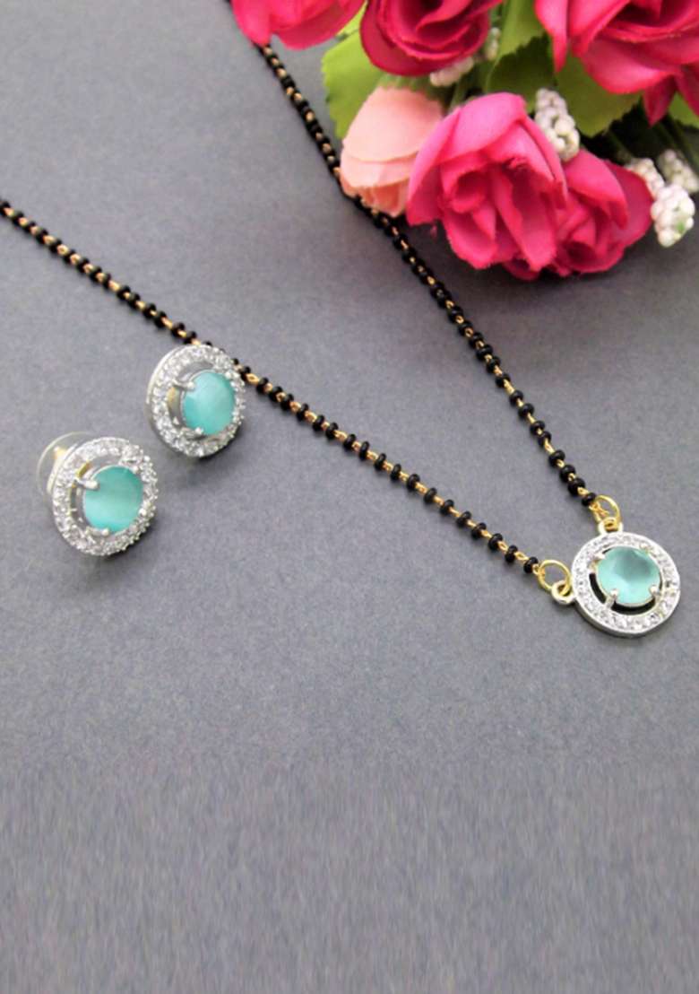 Gold Plated Black Bead Mangalsutra With Earrings - Indya