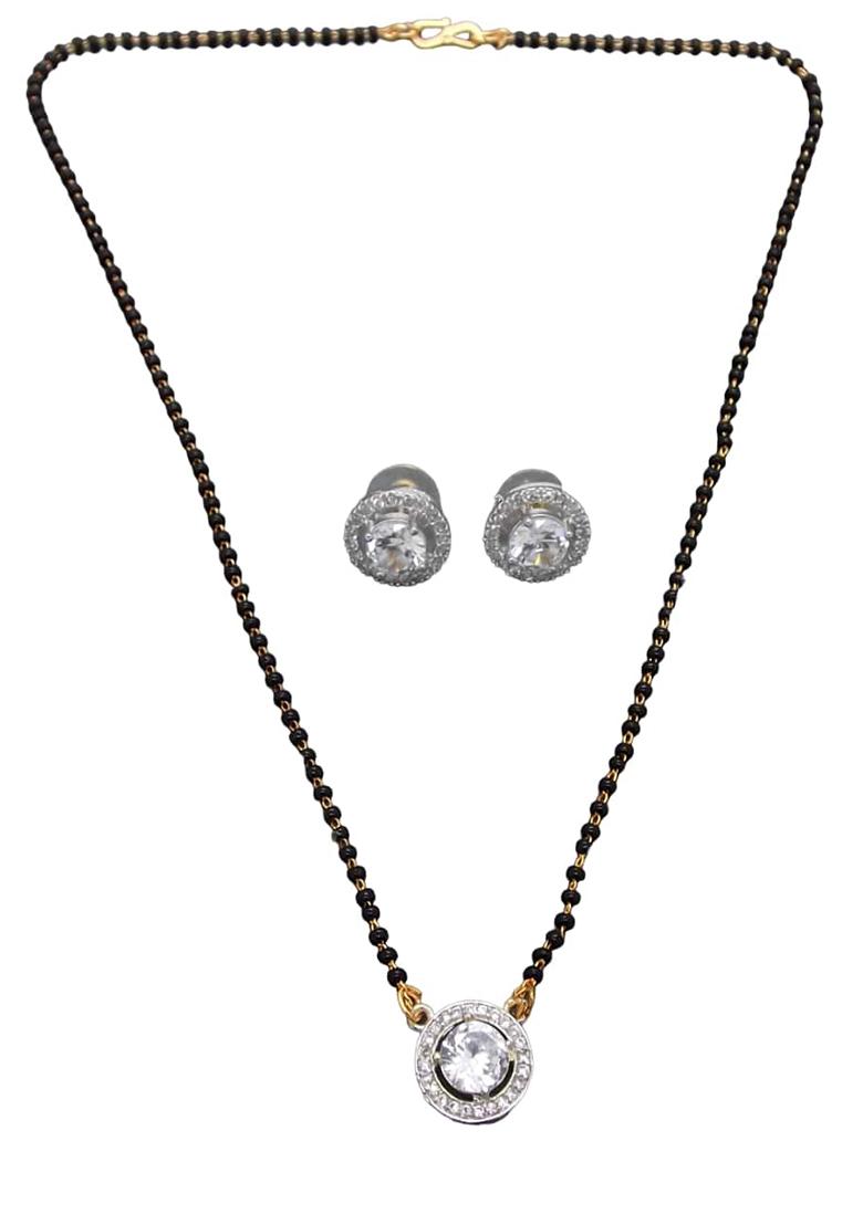 Gold Plated Black Bead Mangalsutra With Earrings